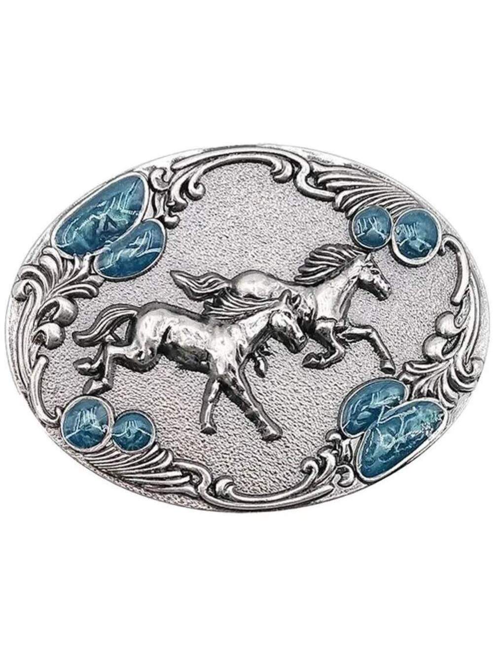 Horses Running Blue Stones Belt Buckle